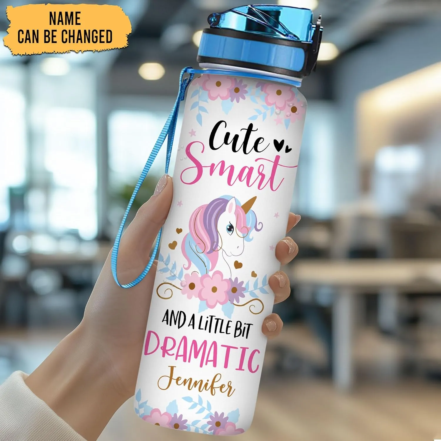 Hyturtle Personalized Unicorn Lovers 32oz 1Liter Motivational Water Bottle - Cute Smart And A Little Bit Dramatic Customized Name Water Bottle With Time Marker, Gifts Cute Kids For School, Birthday