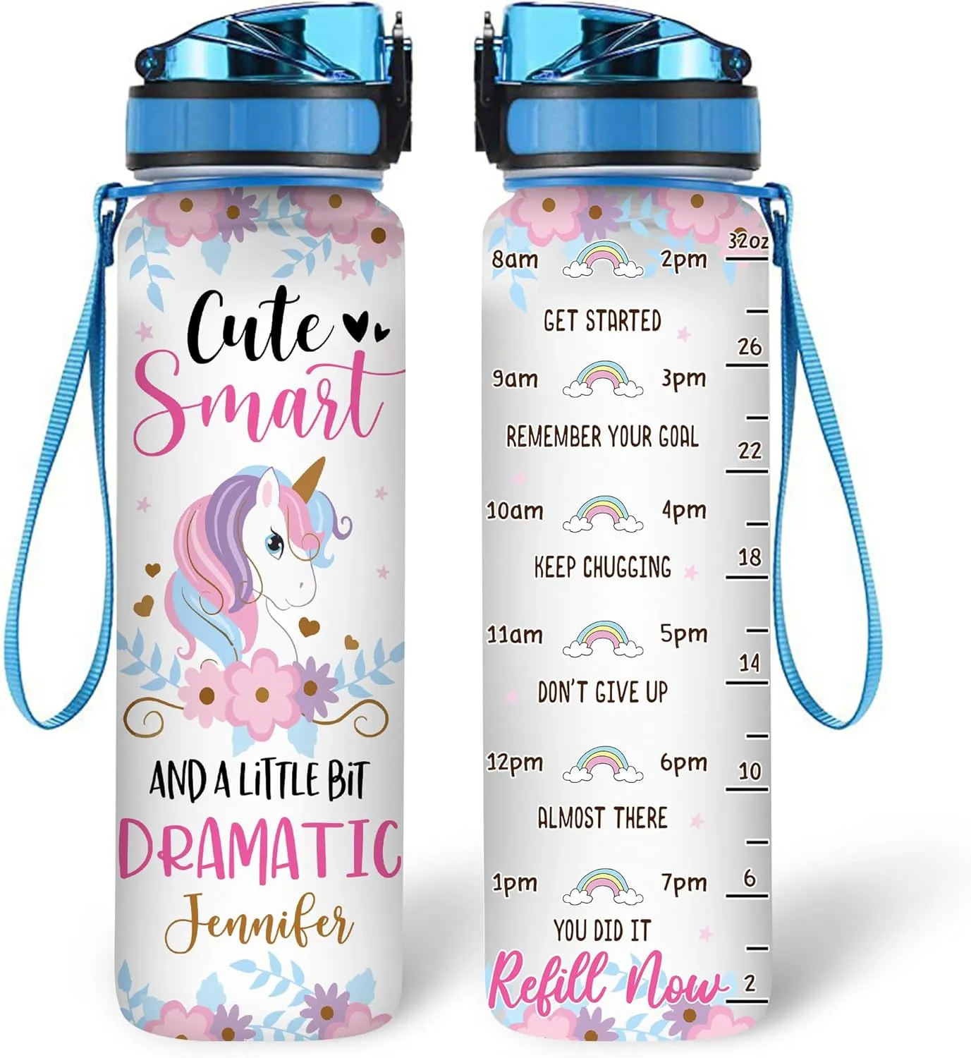 Hyturtle Personalized Unicorn Lovers 32oz 1Liter Motivational Water Bottle - Cute Smart And A Little Bit Dramatic Customized Name Water Bottle With Time Marker, Gifts Cute Kids For School, Birthday