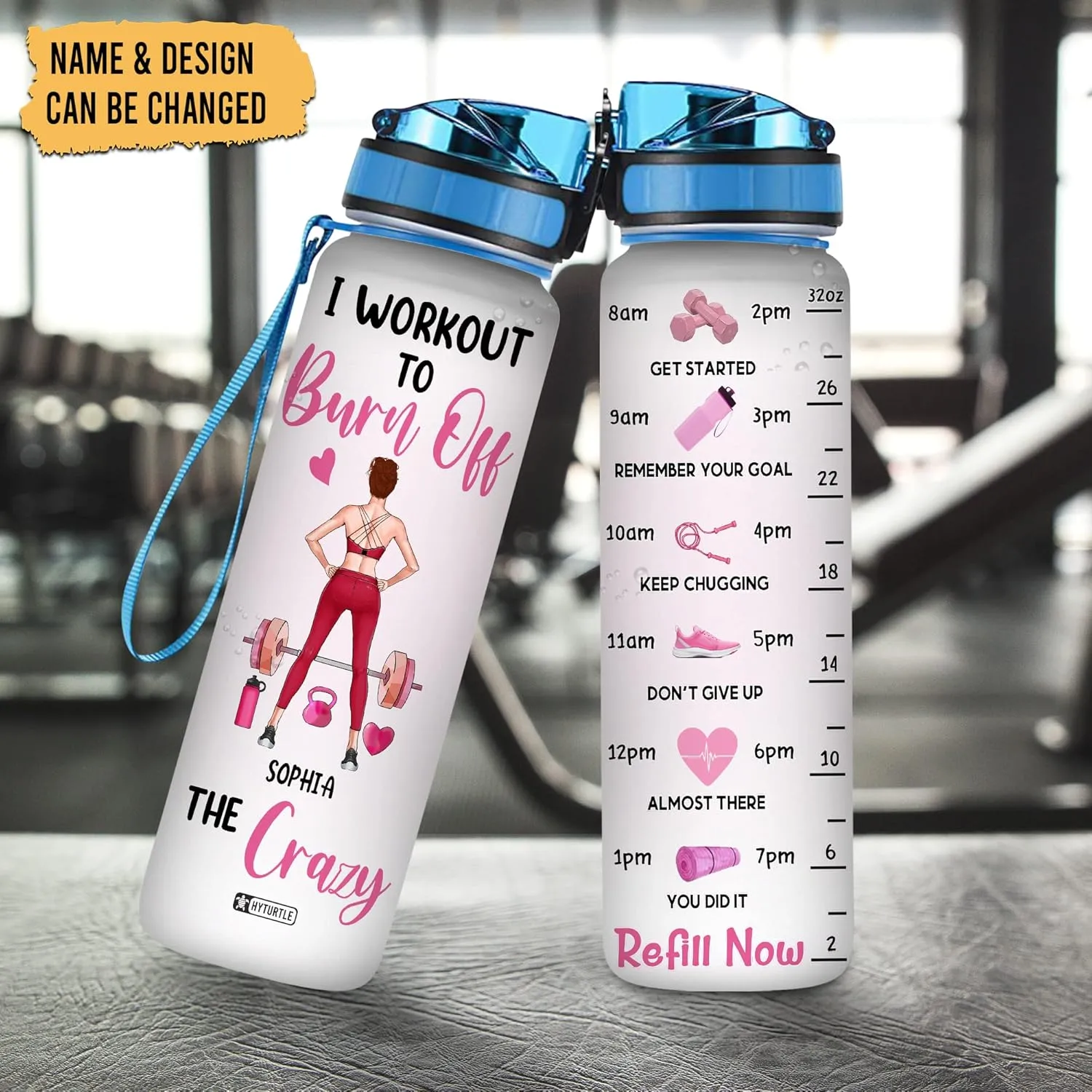Hyturtle Personalized Water Bottle For Fitness Lover - Birthday- I Workout To Burn Off The Crazy- Custom Name 32 Oz Liter Motivational Water Bottle- Gym Water Bottle Gifts For Women, Her, Wife