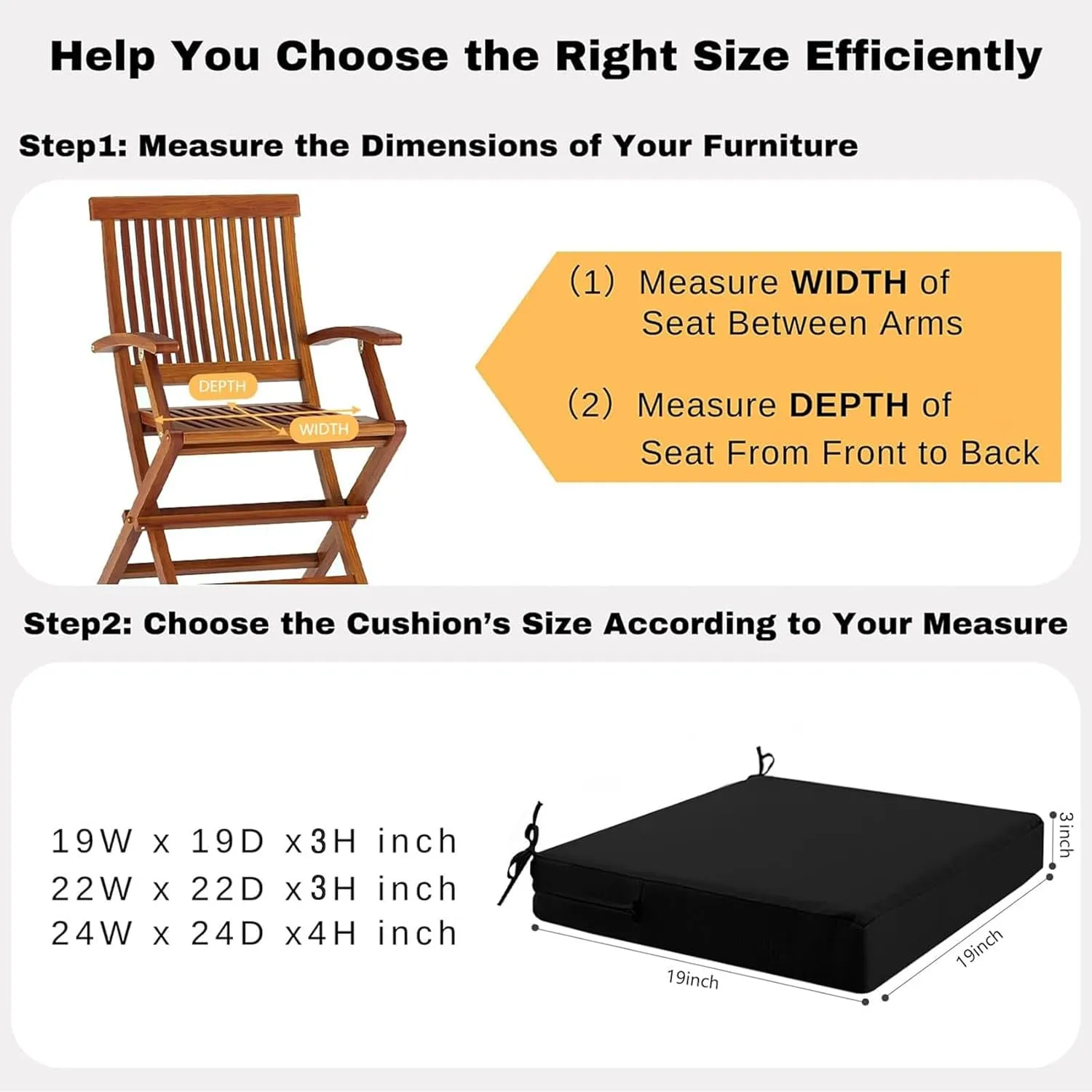 idee-home Outdoor Chair Cushions Set of 2, Waterproof Outdoor Seat Cushions for Patio Furniture, Outside Replacement Chair Pad with Ties for Lawn Deck Porch, 19 x 19 Black