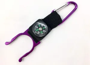 Includes carabiner, plastic bottle holder, compass magnet