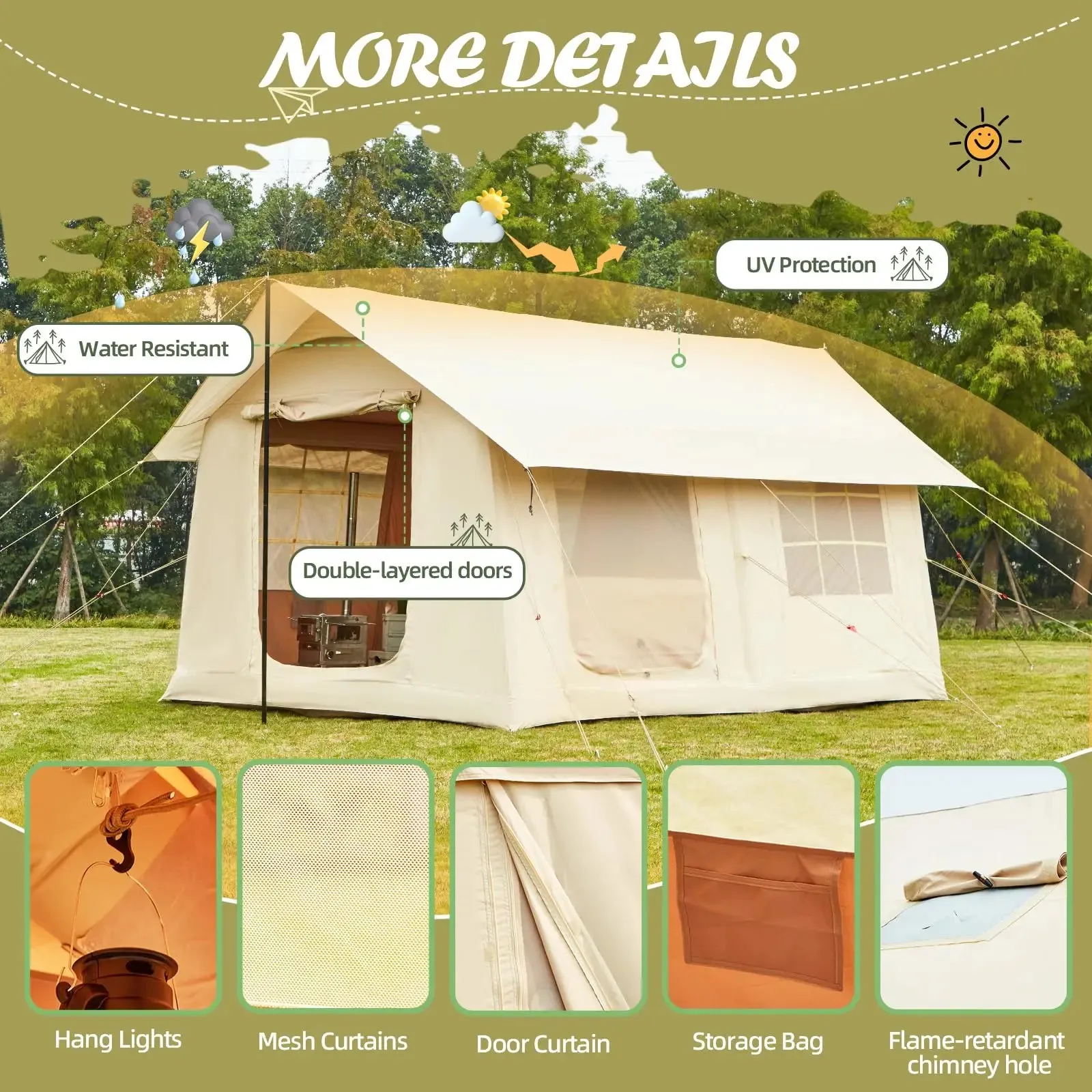 Inflatable Camping Tent with Oversized Canopy and Stove Jack