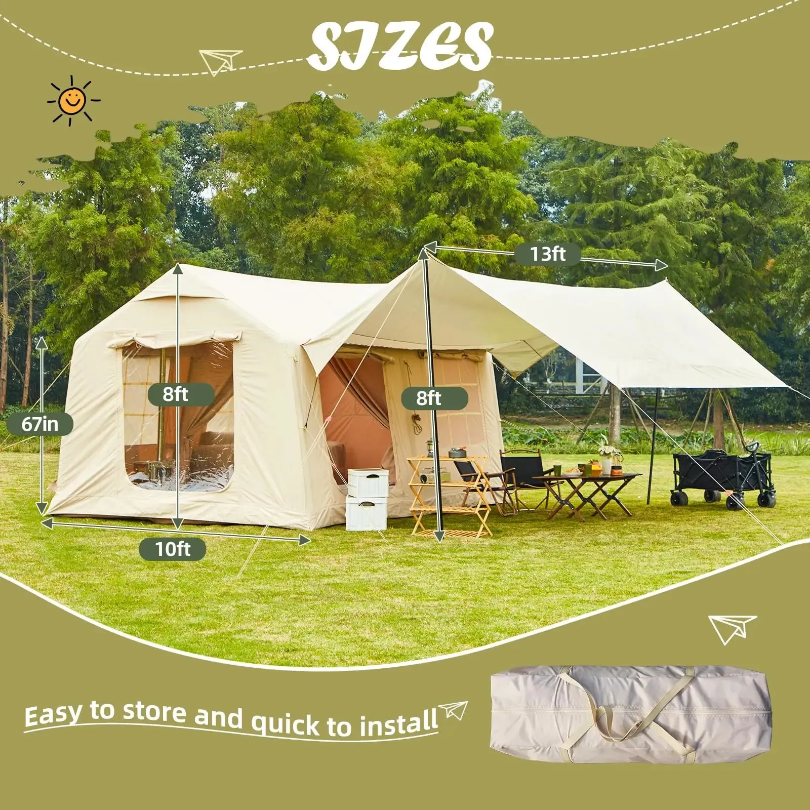 Inflatable Camping Tent with Oversized Canopy and Stove Jack