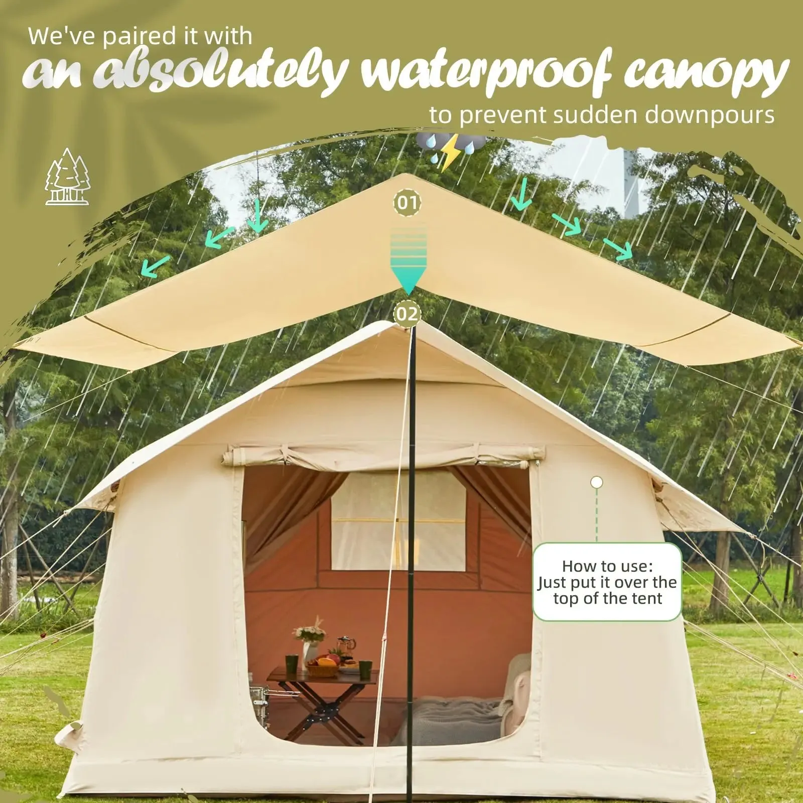 Inflatable Camping Tent with Oversized Canopy and Stove Jack
