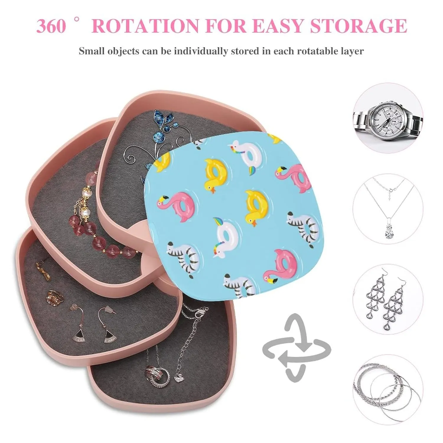 Inflatable Rubber Ducks Flamingos Unicorns Zebra on Turquoise Women Jewelry Box with Mirror, Storage Bag Case for Rings, Necklaces, Bracelets, 360 Degree Rotating 4-layer Tray with Lid