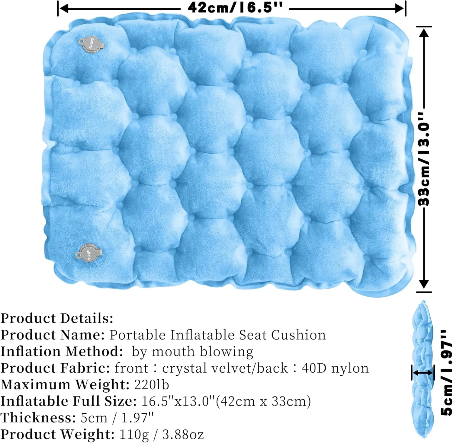 Inflatable Seat Cushion, Lightweight Camping Air Sitting Pad with Repair Cloths, Waterproof Air Seat Cushion, Portable Push-Press Seat Cushion for Airplane Travel Hiking Office Stadium Seat