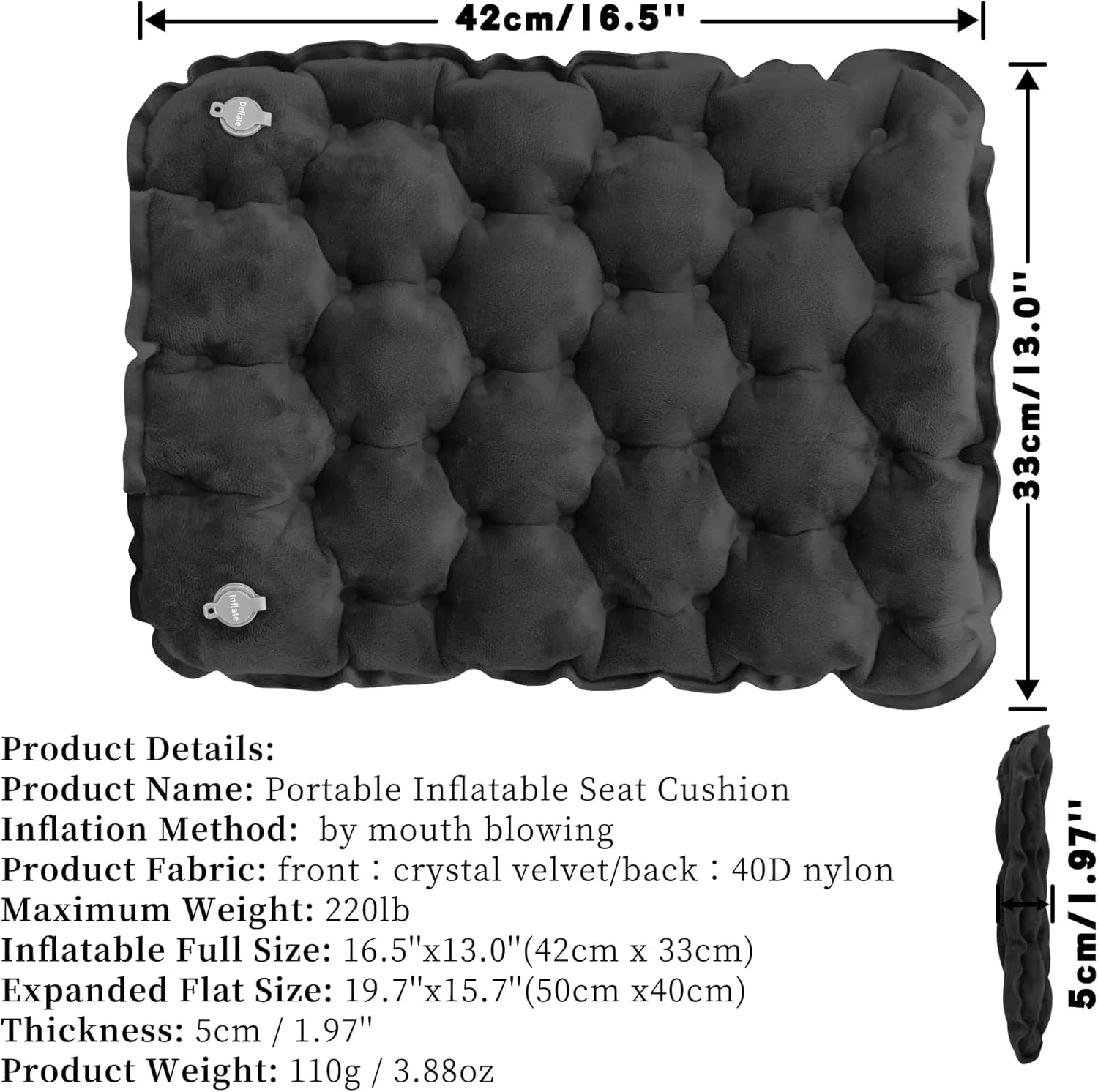 Inflatable Seat Cushion, Lightweight Camping Air Sitting Pad with Repair Cloths, Waterproof Air Seat Cushion, Portable Push-Press Seat Cushion for Airplane Travel Hiking Office Stadium Seat