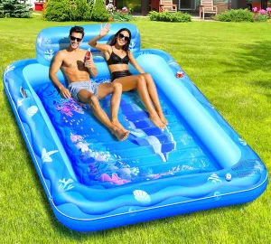 Inflatable Tanning Pool for 2 Person, 81x 60Inch Tanning Pool Lounger Float for Adults, Sunbathing Float Inflatable Water Tanning Bed with Cup Holder, Suntan Tub Personal Pool - Light Blue