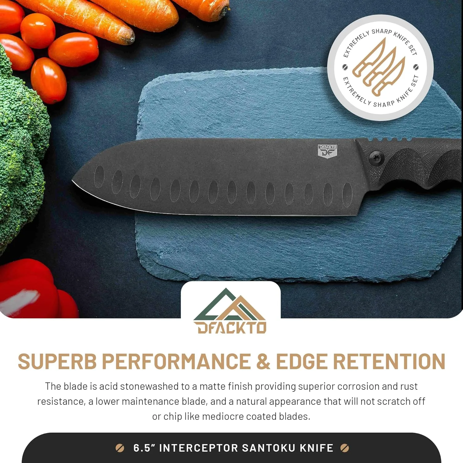 Interceptor Santoku 6.5 Inch Utility Knife – High Carbon Stainless Steel Full Tang Blade for Kitchen, Camping & Outdoor Cooking – Tactical G10 Handle for Precision Chopping & Slicing – Black