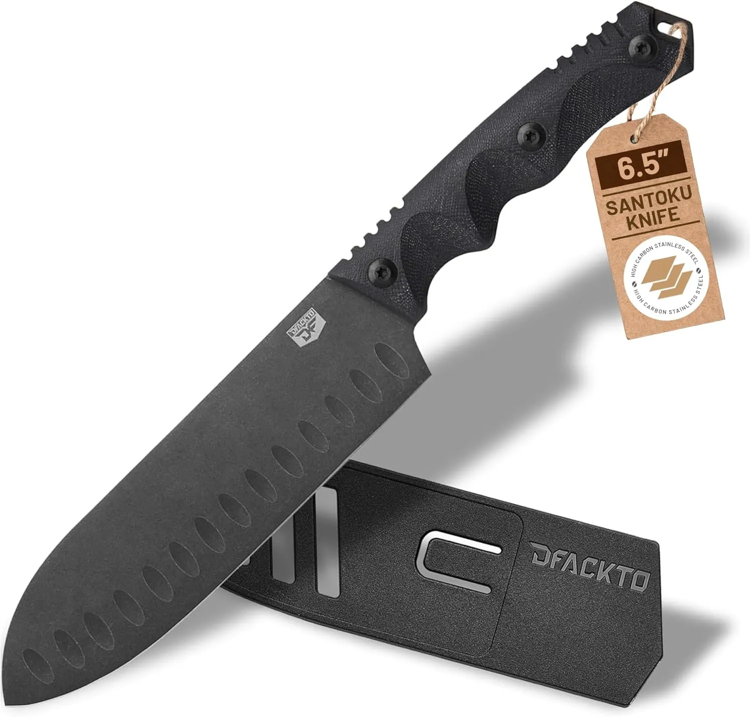 Interceptor Santoku 6.5 Inch Utility Knife – High Carbon Stainless Steel Full Tang Blade for Kitchen, Camping & Outdoor Cooking – Tactical G10 Handle for Precision Chopping & Slicing – Black