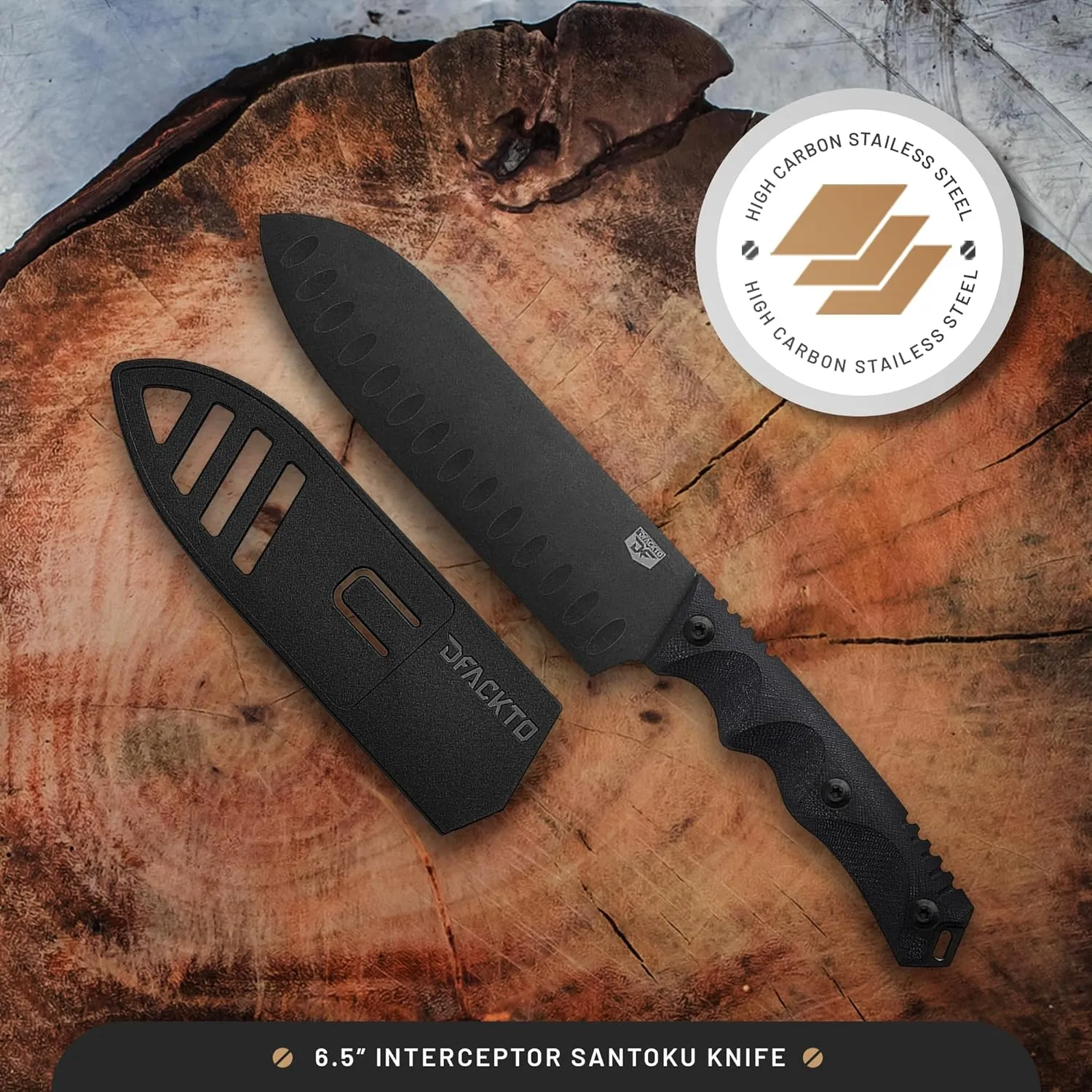 Interceptor Santoku 6.5 Inch Utility Knife – High Carbon Stainless Steel Full Tang Blade for Kitchen, Camping & Outdoor Cooking – Tactical G10 Handle for Precision Chopping & Slicing – Black