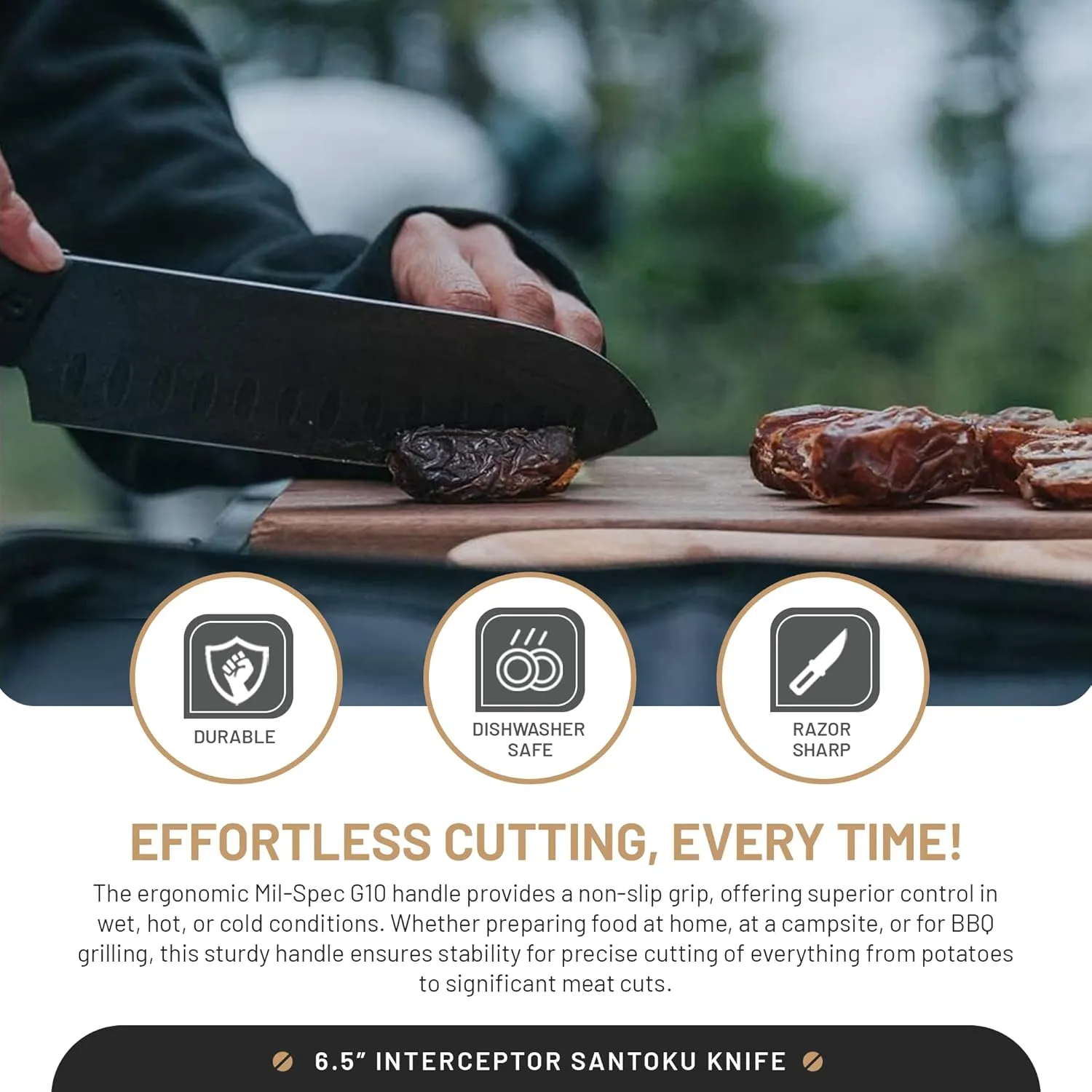 Interceptor Santoku 6.5 Inch Utility Knife – High Carbon Stainless Steel Full Tang Blade for Kitchen, Camping & Outdoor Cooking – Tactical G10 Handle for Precision Chopping & Slicing – Black