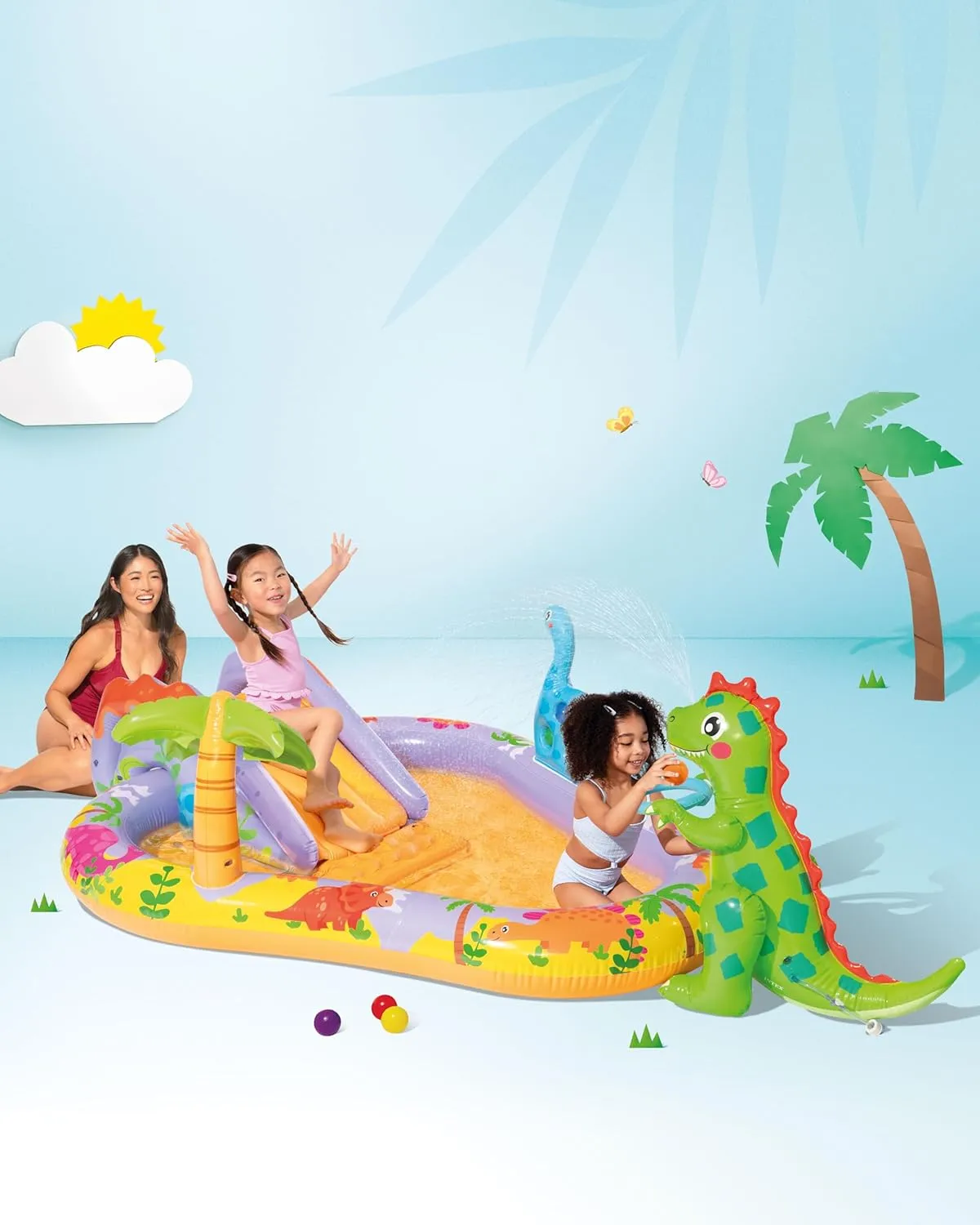 INTEX 56139EP Dino Park Inflatable Kiddie Pool: Inflatable Kids Pool with Water Sprayer and Slide – Splash Pad – 79" x 62" x 27" – Ages 3 