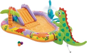 INTEX 56139EP Dino Park Inflatable Kiddie Pool: Inflatable Kids Pool with Water Sprayer and Slide – Splash Pad – 79" x 62" x 27" – Ages 3 