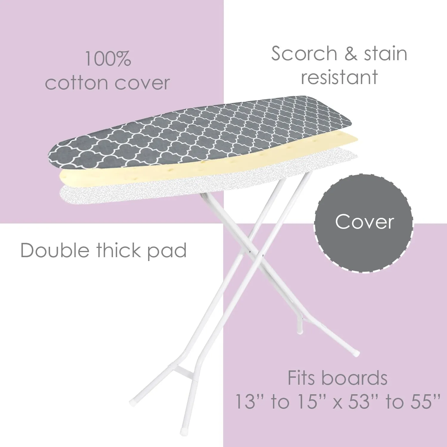 Ironing Board Cover and Pad (Grey Lattice), 100% Cotton with Ultimate Double Padding by Seymour Home Products; Fits Full Size Board | Stain and Scorch Resistant; Elastic Edge | Laundry Accessories