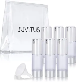 JUVITUS 1 oz / 30 ml Airless Frosted Silver Pump Bottle (6 Pack)   Travel Bag and Funnel