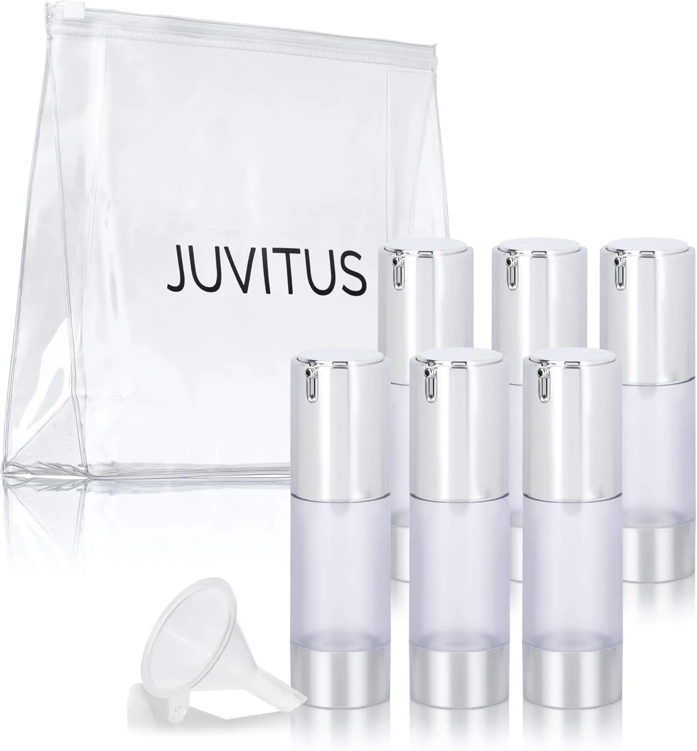 JUVITUS 1 oz / 30 ml Airless Frosted Silver Pump Bottle (6 Pack)   Travel Bag and Funnel