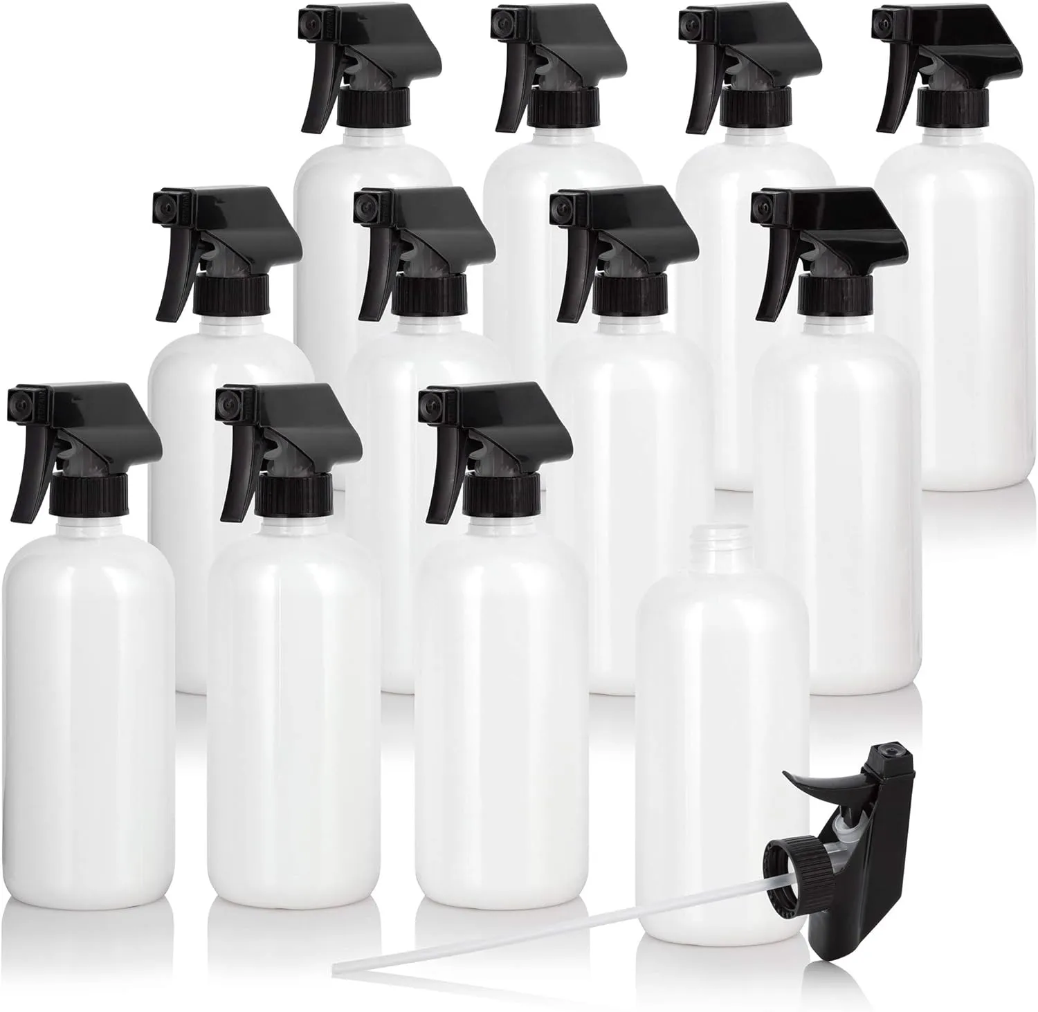 JUVITUS 16 oz White Plastic PET Boston Round Bottle with Black Trigger Spray (12 pack)