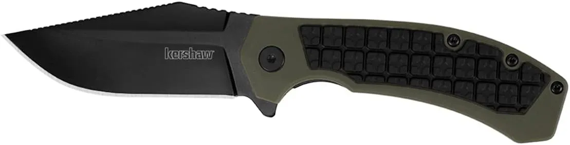 Kershaw Faultine Pocketknife (8760); 3-Inch 8Cr13MoV Blade with KVT Manual Open, Black Oxide Coating and Rubber Overmold, Olive Handle, Pocketclip