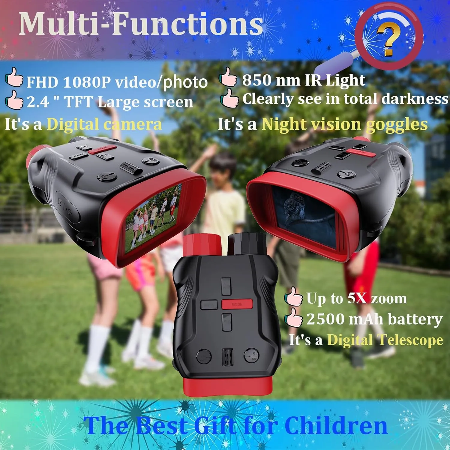 Kids Camera & Night Vision Goggles for Kids Boys and Girls, Christmas Birthday Gifts, Night Vision Binoculars with 32GB Memory Card(Black)
