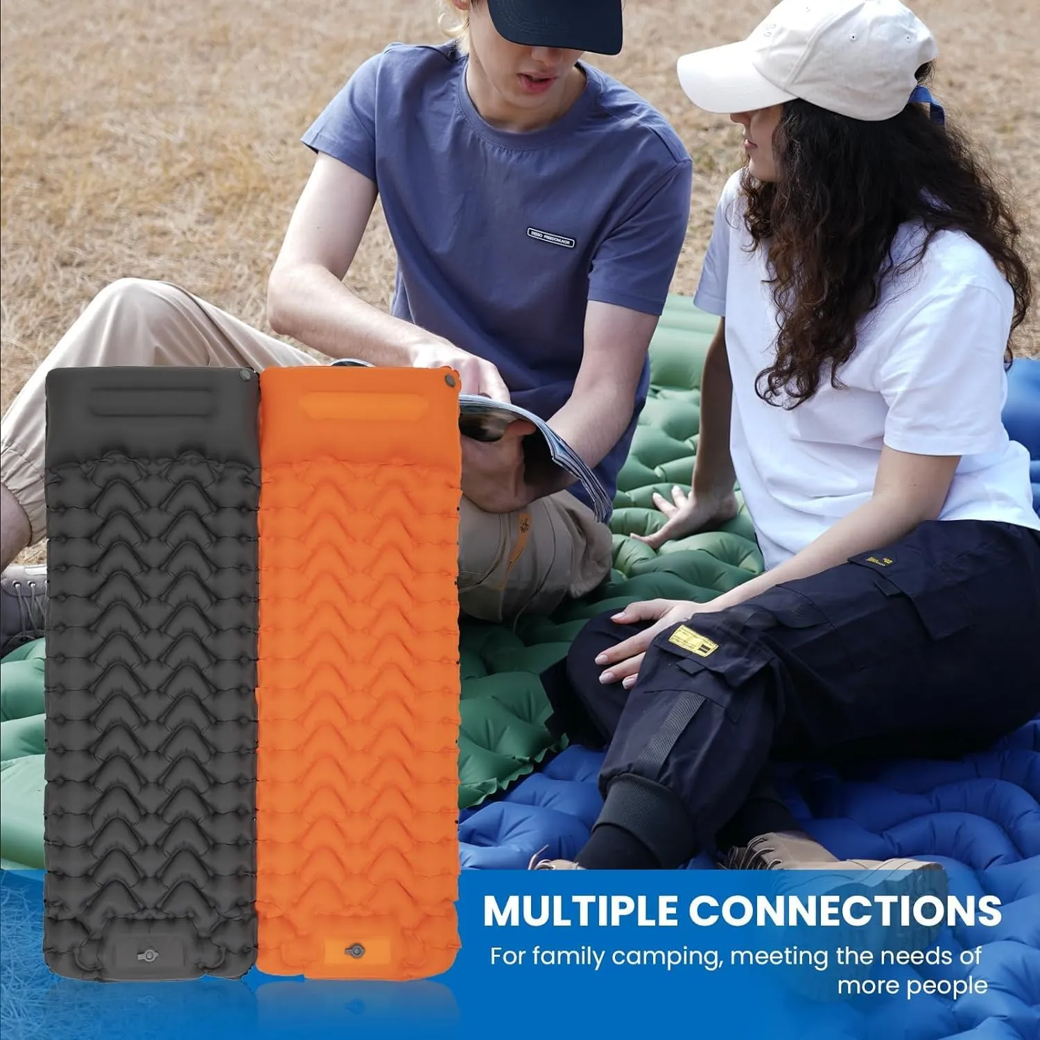 KingCamp Sleeping Pad for Camping, Inflatable Sleeping Pad Ultralight Connectable Camping Mattress with Pillow Built-in Foot Pump for Backpacking Hiking Tent Cot