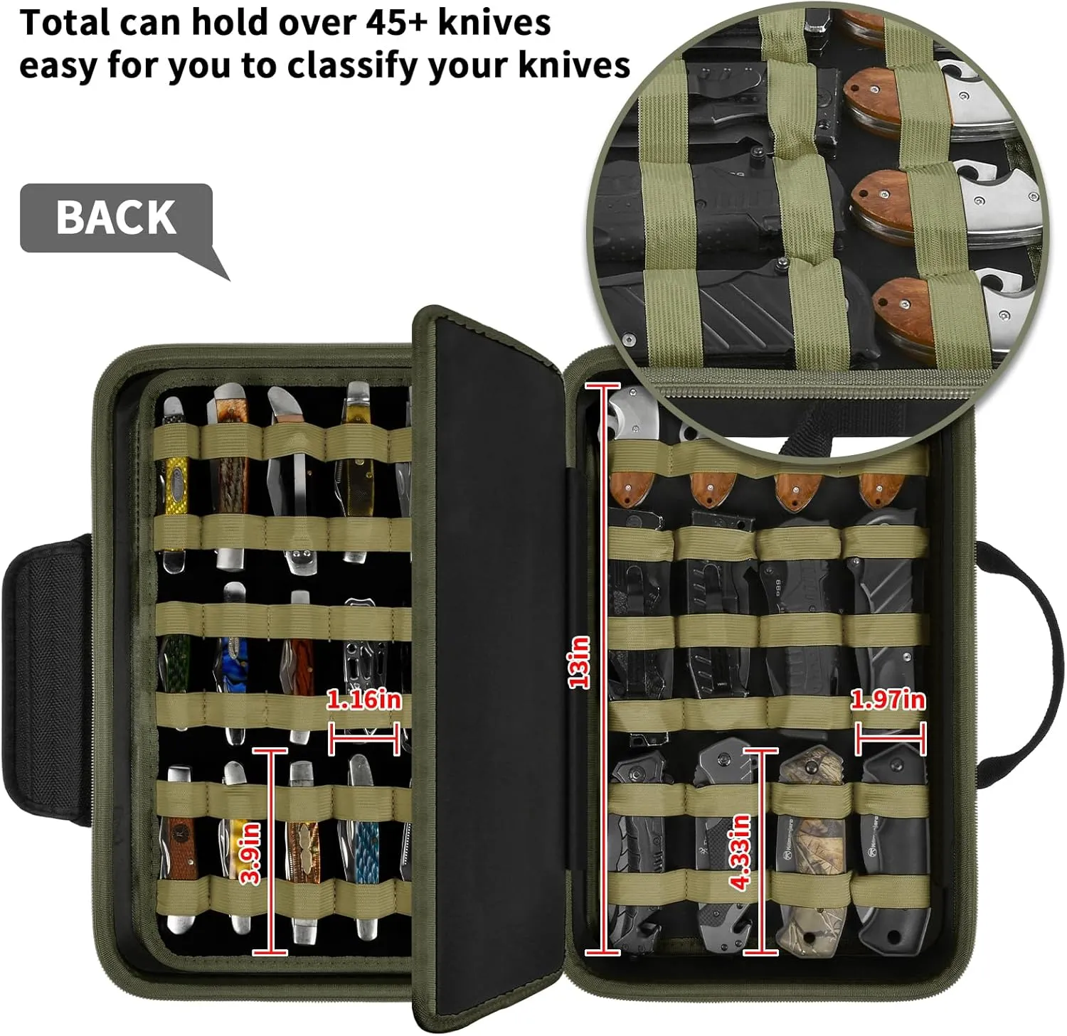 Knife Display Case for 56  Pocket Knife, Folding Knives Storage Holder, Knife Collection Carrying Box for Tactical, Hunting, EDC, Survival, Camping, Mini Knives, Butterfly Knife Organizer（Green