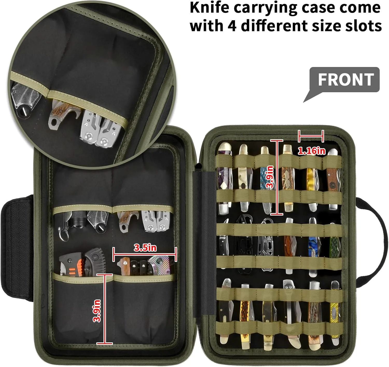 Knife Display Case for 56  Pocket Knife, Folding Knives Storage Holder, Knife Collection Carrying Box for Tactical, Hunting, EDC, Survival, Camping, Mini Knives, Butterfly Knife Organizer（Green