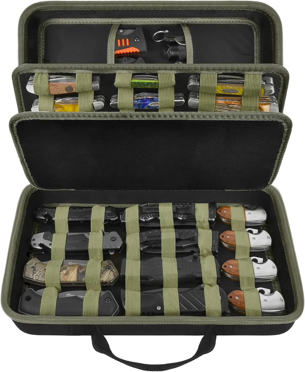 Knife Display Case for 56  Pocket Knife, Folding Knives Storage Holder, Knife Collection Carrying Box for Tactical, Hunting, EDC, Survival, Camping, Mini Knives, Butterfly Knife Organizer（Green