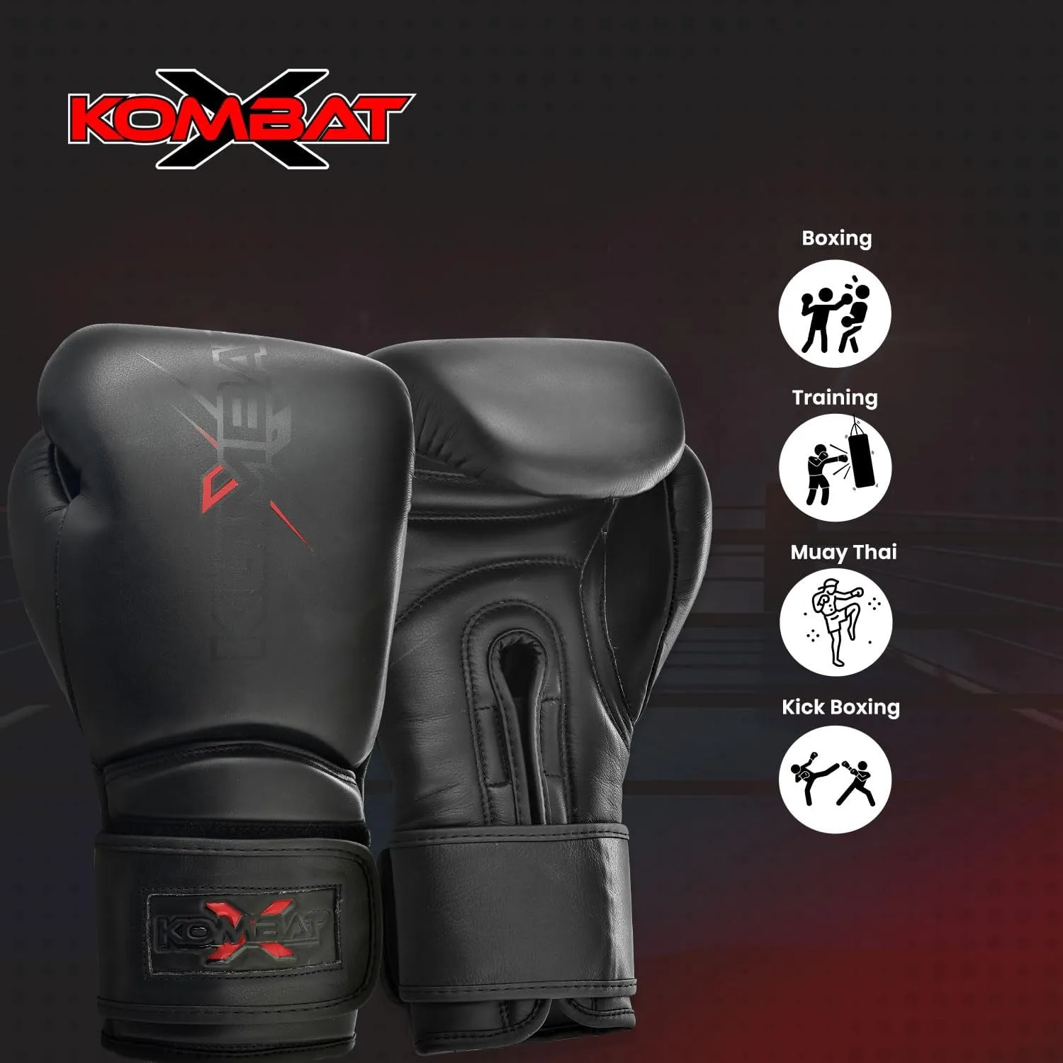 KombatX Boxing Gloves for Men and Women Suitable for Boxing Kickboxing Mixed Martial Arts Muay Thai MMA Heavy Bag Training (Black, 12oz,14oz,16oz)