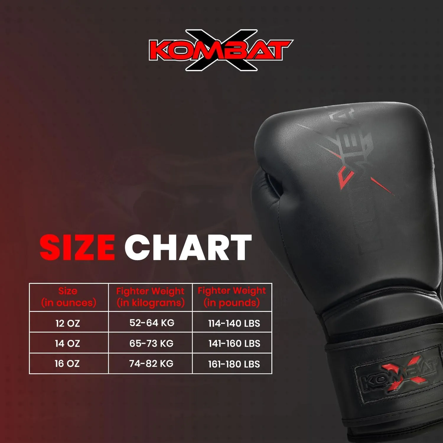 KombatX Boxing Gloves for Men and Women Suitable for Boxing Kickboxing Mixed Martial Arts Muay Thai MMA Heavy Bag Training (Black, 12oz,14oz,16oz)