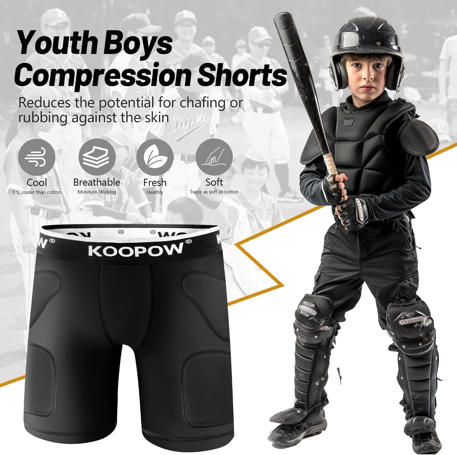 KOOPOW Youth Boys Padded Sliding Shorts Slider Pad with Soft Protective Athletic Cup for Baseball, Football, Lacrosse