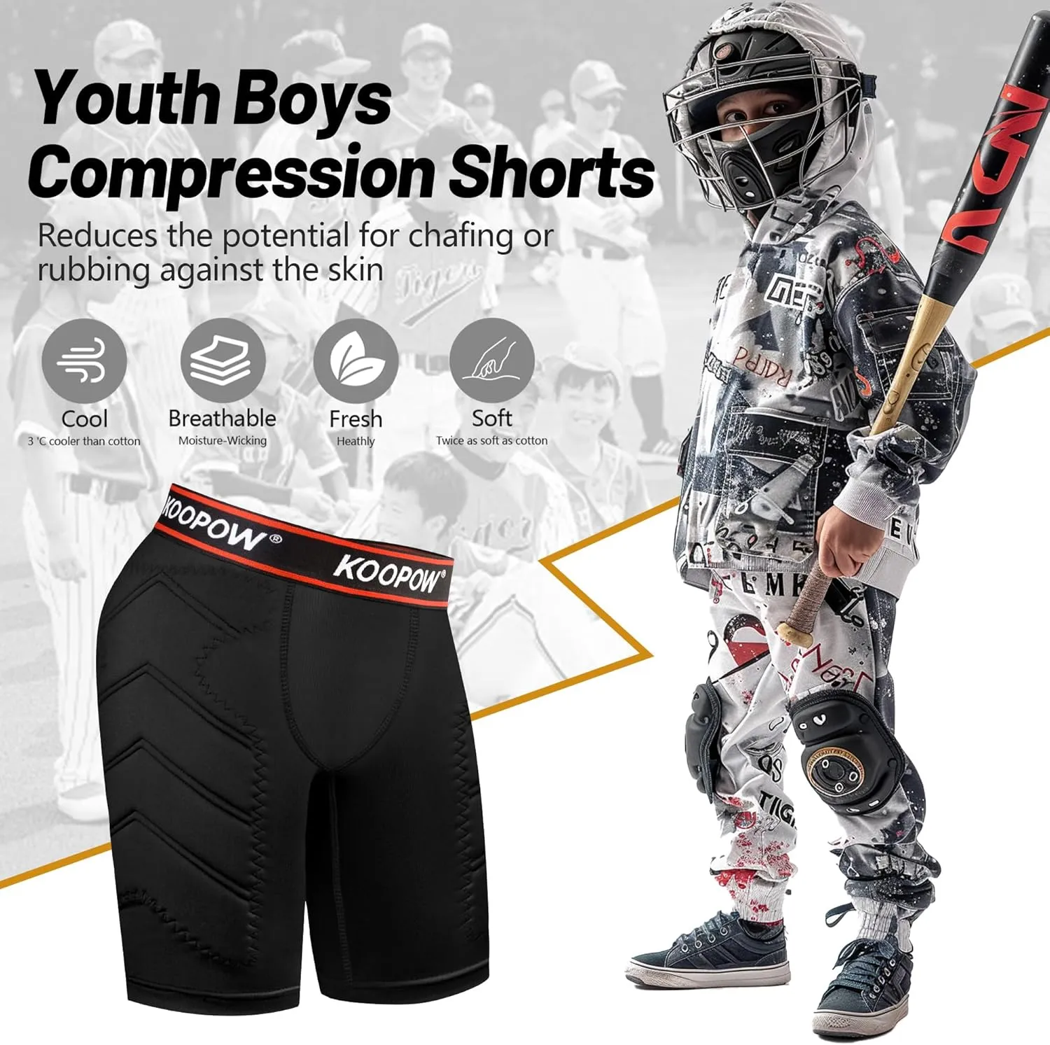 KOOPOW Youth Boys Padded Sliding Shorts Slider Pad with Soft Protective Athletic Cup for Baseball, Football, Lacrosse