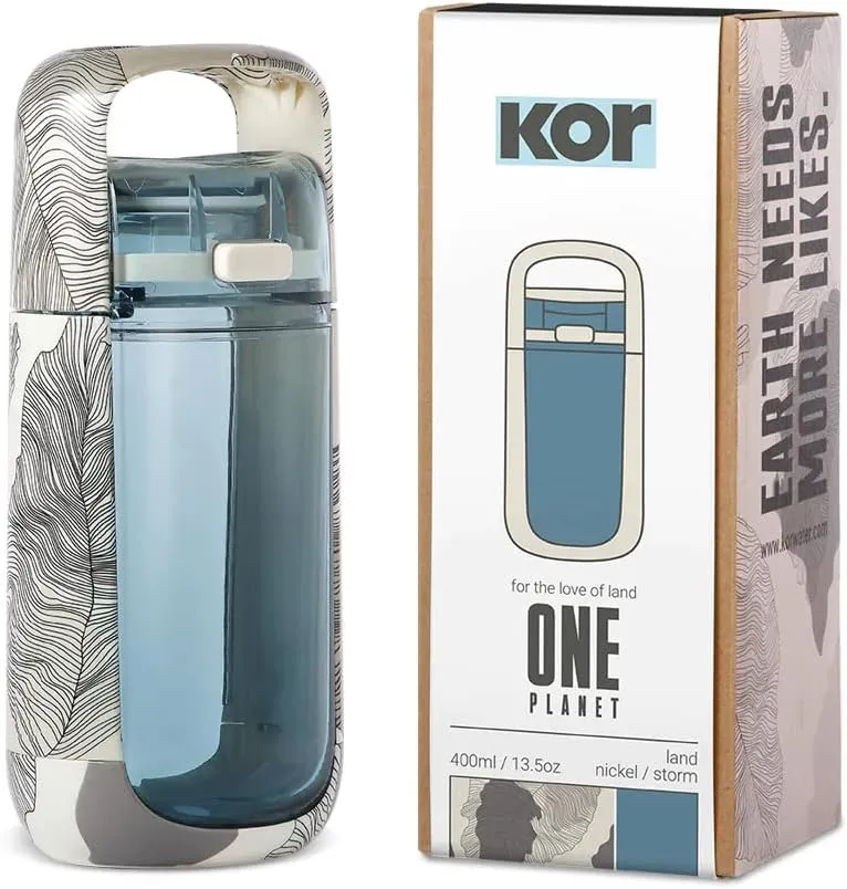 KOR One Planet 13.5oz Tritan Water Bottle with Lid Safety Lock, One Click Open Cap and Ergonomic Carry Handle - Features Unique Water-Dipped Designs Inspired by Nature