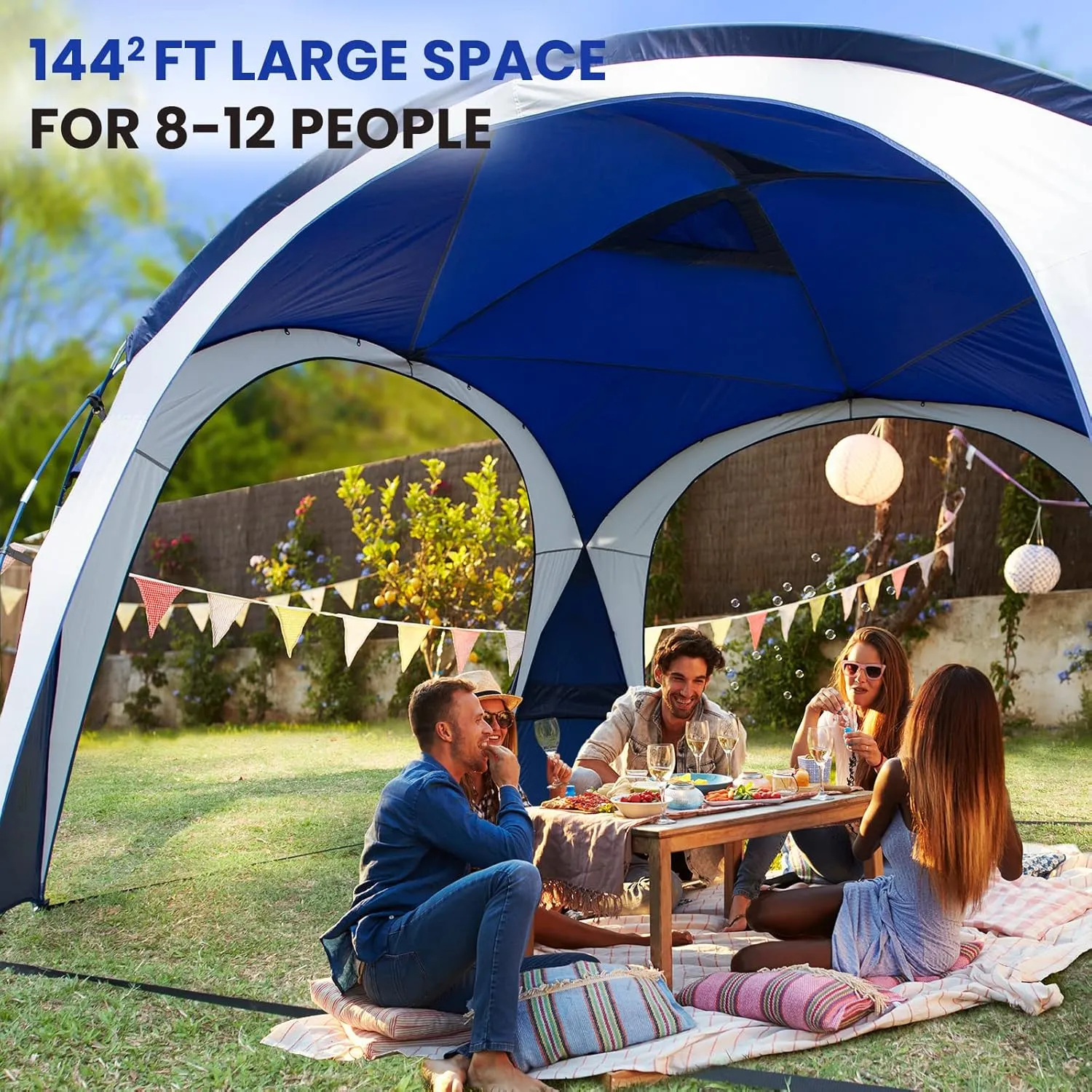 Large Beach Canopy Tent UPF 50  12x12 ft Waterproof & Rainproof Dome Sun Shelter for 8-10 Person with 2 Side Walls, Perfect for Camping, Backyard, Fishing, Parties, Picnics