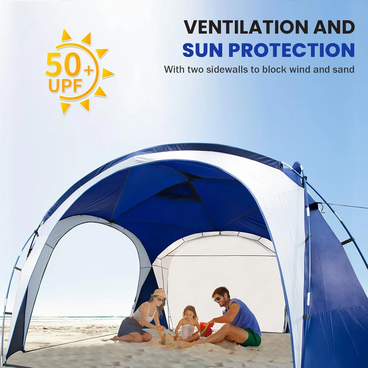 Large Beach Canopy Tent UPF 50  12x12 ft Waterproof & Rainproof Dome Sun Shelter for 8-10 Person with 2 Side Walls, Perfect for Camping, Backyard, Fishing, Parties, Picnics