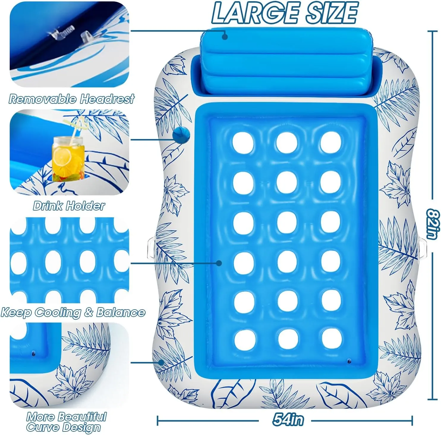 Large Beach Sun Tanning Floaty Raft Sunbathing Water Lounge Floaties Tub with Drink Holder - Blow Up River & Lake Suntan Floating Swimming Mattress Mat