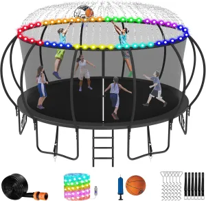 LHX Tranpoline for Kids and Adults - ASTM Approved, 8 10 12 14 15 16FT Large Tranpoline with Sprinkler, Light, Basketball Hoop, Enclosure, Stakes, Ladder and Ball, Recreational Backyard Tranpoline