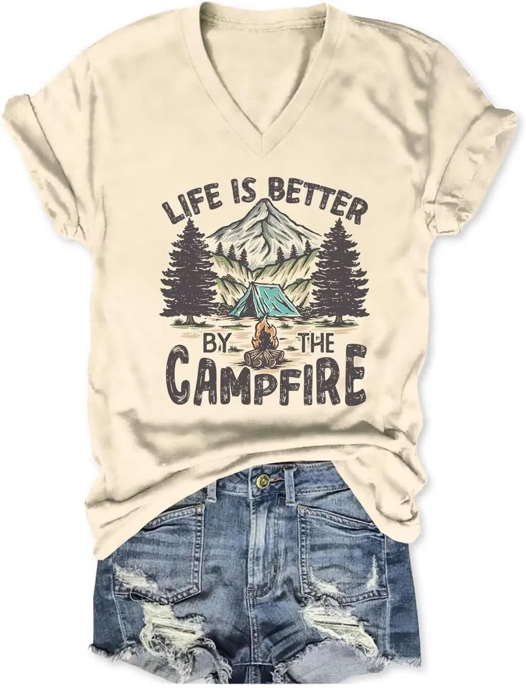 Life is Better by The Campfire V Neck T-Shirt Women Funny Camper Camp Shirt Tent Graphic V Neck Tee Casual Top
