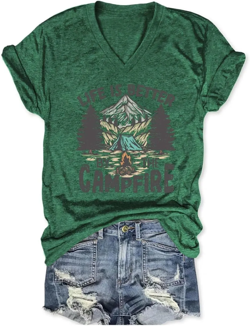 Life is Better by The Campfire V Neck T-Shirt Women Funny Camper Camp Shirt Tent Graphic V Neck Tee Casual Top