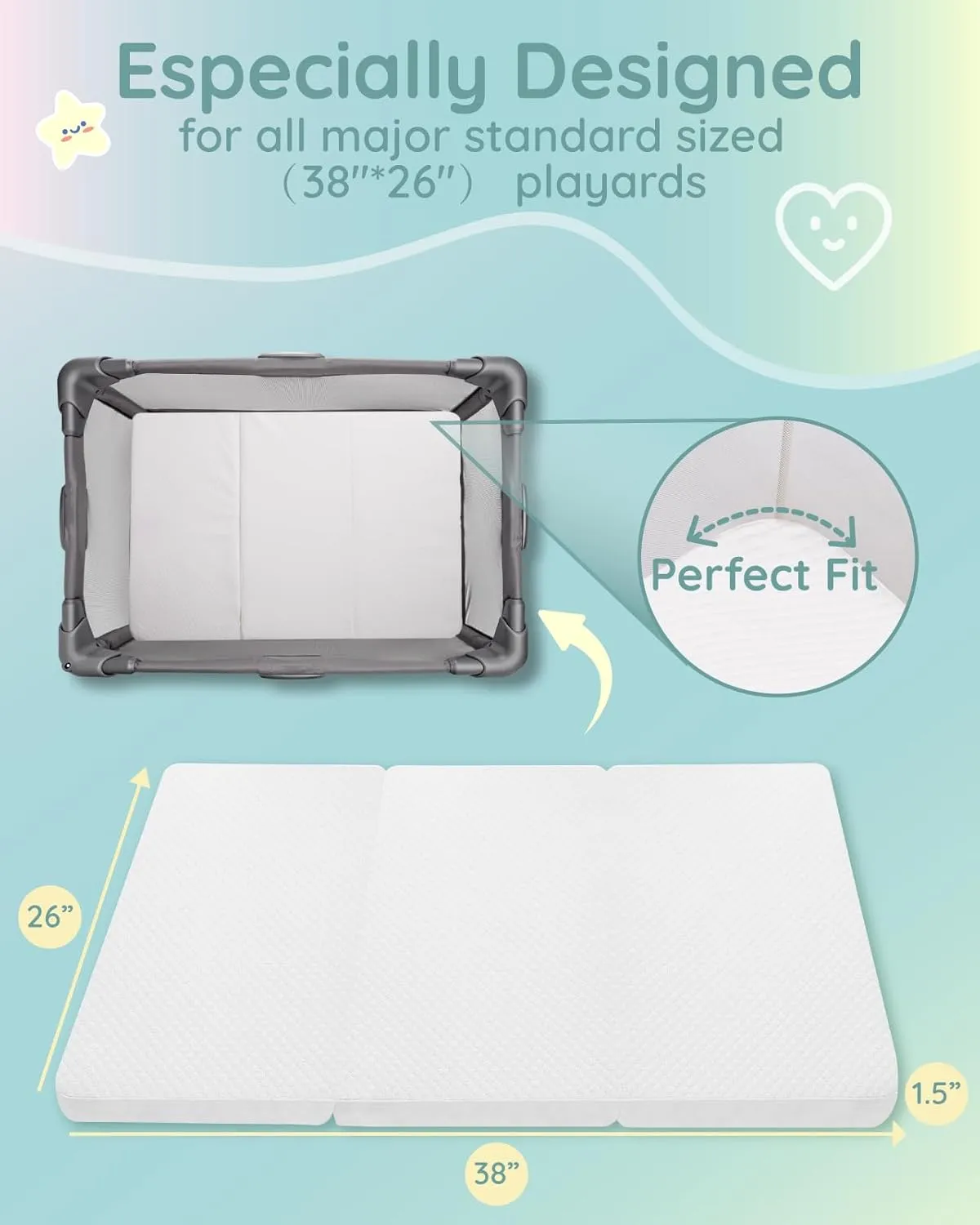 Lilian&Gema Pack and Play Mattress 38"x26"x1.5", Pack N Play Mattresses Pad for Play Pen and Playard, Premium Foam Playpen Mattress Topper with Washable Cover & Traveling Bag for Baby Toddler