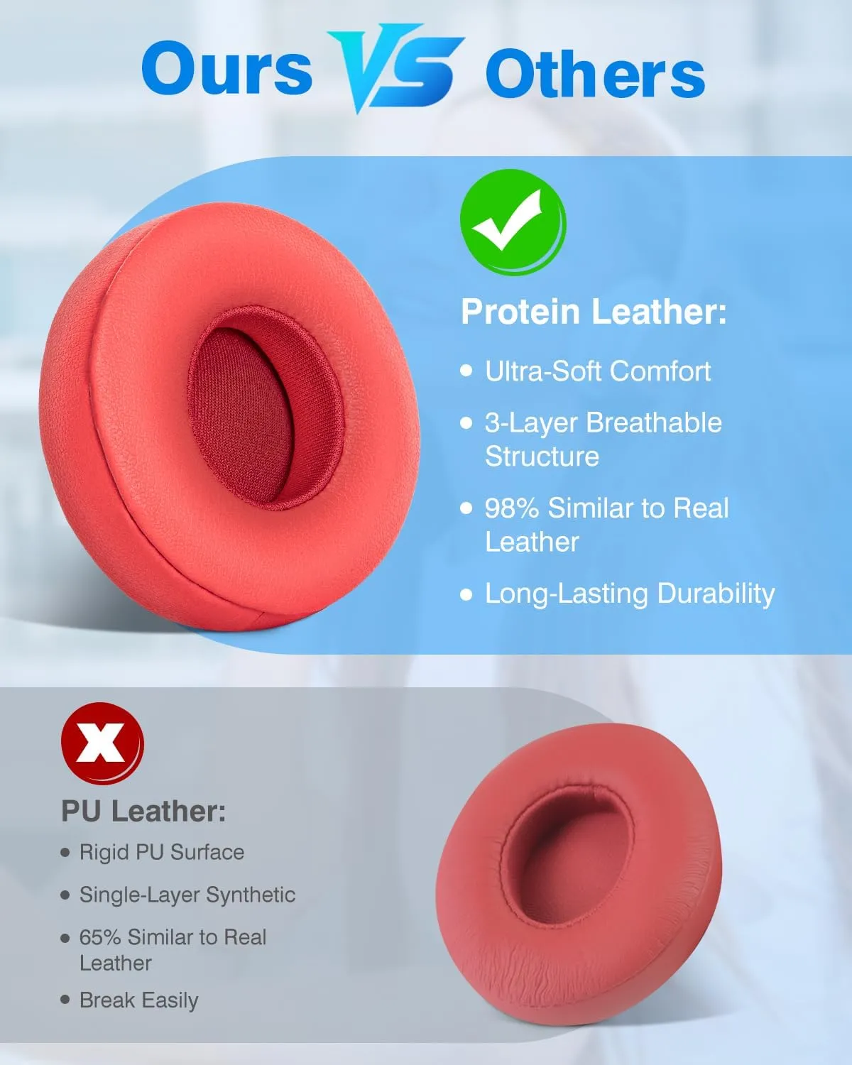 Link Dream Replacement Ear Pads for Beats Solo 2 & 3 - Memory Foam Earpads Cushion Cover for Wireless Headphones (Red)