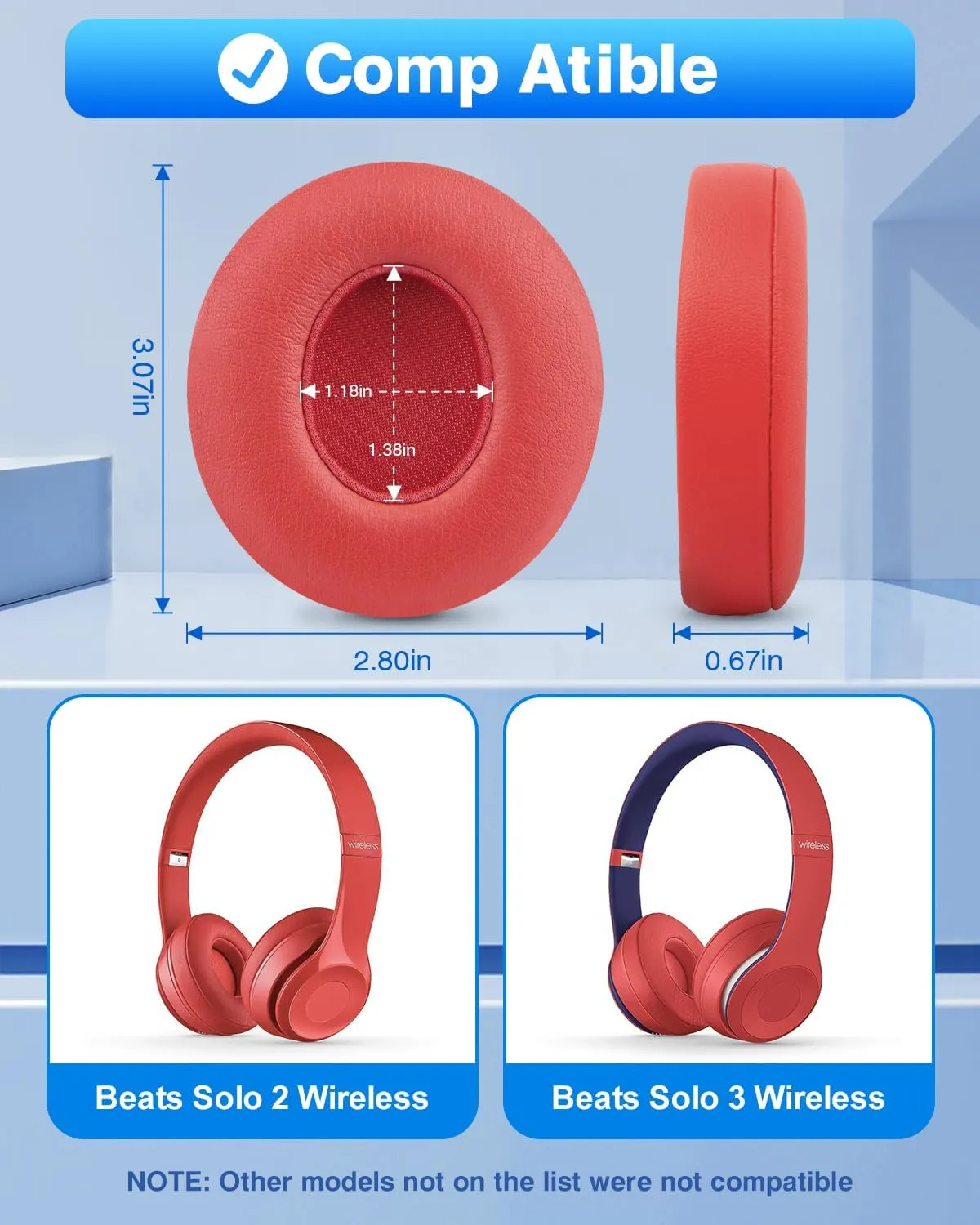 Link Dream Replacement Ear Pads for Beats Solo 2 & 3 - Memory Foam Earpads Cushion Cover for Wireless Headphones (Red)
