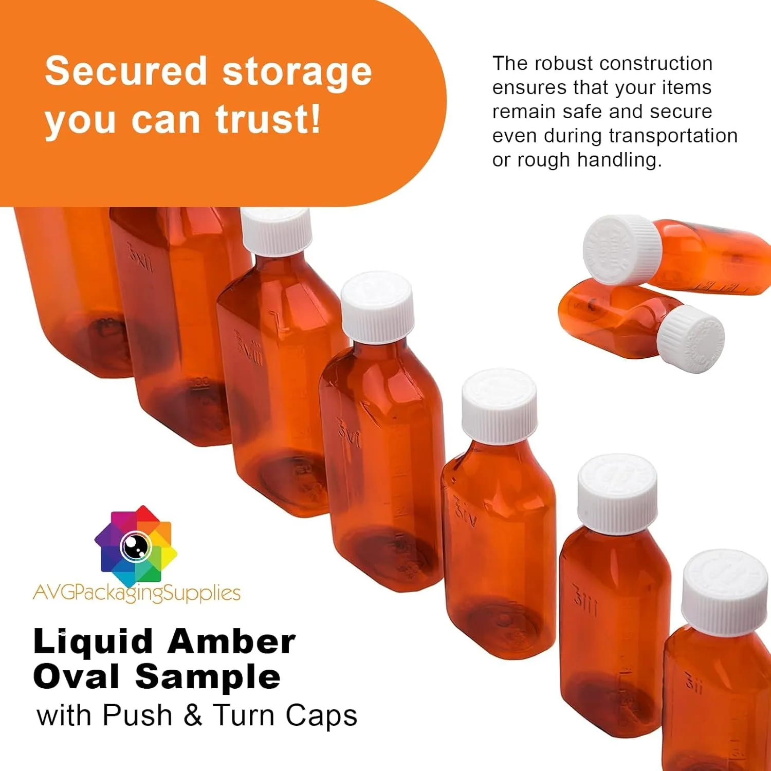 Liquid Amber Oval Sample Bottles with Push & Turn Caps – Child Resistant Pharmacy Prescription Medicine Containers, 2oz Vials (200ct)
