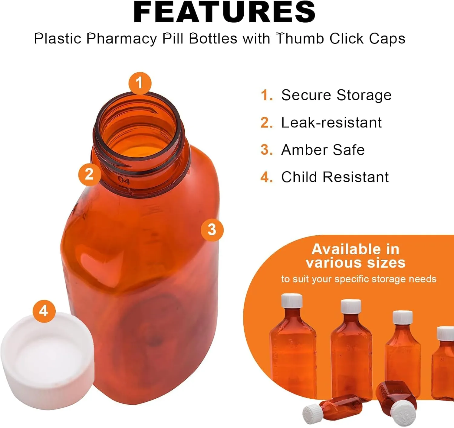 Liquid Amber Oval Sample Bottles with Push & Turn Caps – Child Resistant Pharmacy Prescription Medicine Containers, 2oz Vials (200ct)