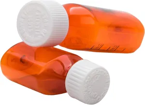 Liquid Amber Oval Sample Bottles with Push & Turn Caps – Child Resistant Pharmacy Prescription Medicine Containers, 2oz Vials (25ct)