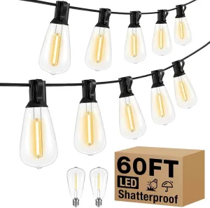 litogo Led Outdoor String Lights, 60Ft Patio Lights Waterproof with Edison Bulbs Shatterproof, Warm White Hanging Outside Lights for Backyard Deck Party Garden Bistro Tent(18 2bulb)