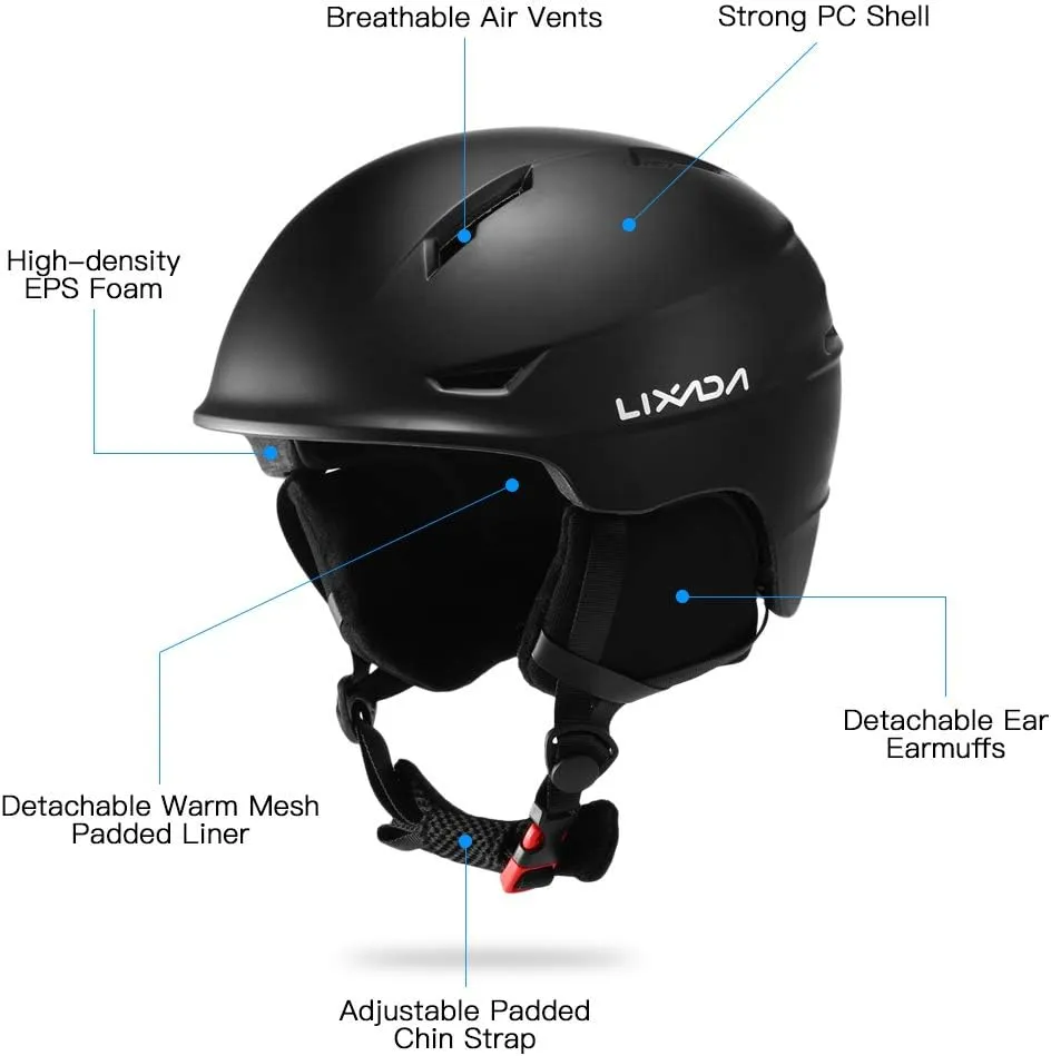 Lixada Snowboard Helmet with Detachable Earmuff Safety Skiing Helmet with Goggle Fixed Strap Professional Skiing Snow Sports Helmet Men Women
