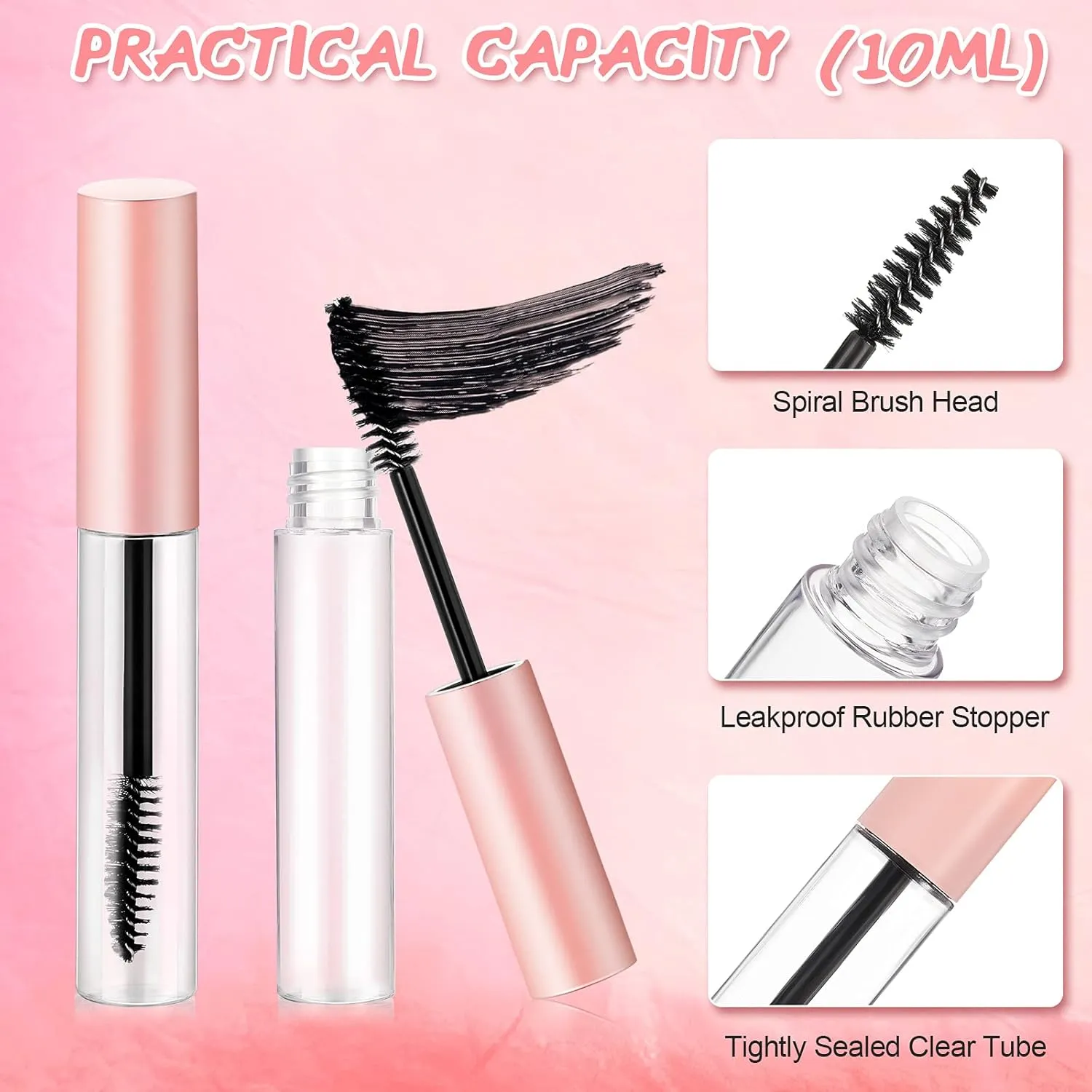 Maitys 30 Pack 10 ml Empty Mascara Tubes with Brush Wand Refillable Eyelash Cream Container Bottle with Funnels Leak Stoppers for Castor Oil/eyebrow Growth Serum/coconut Oil DIY Cosmetics(Pink)