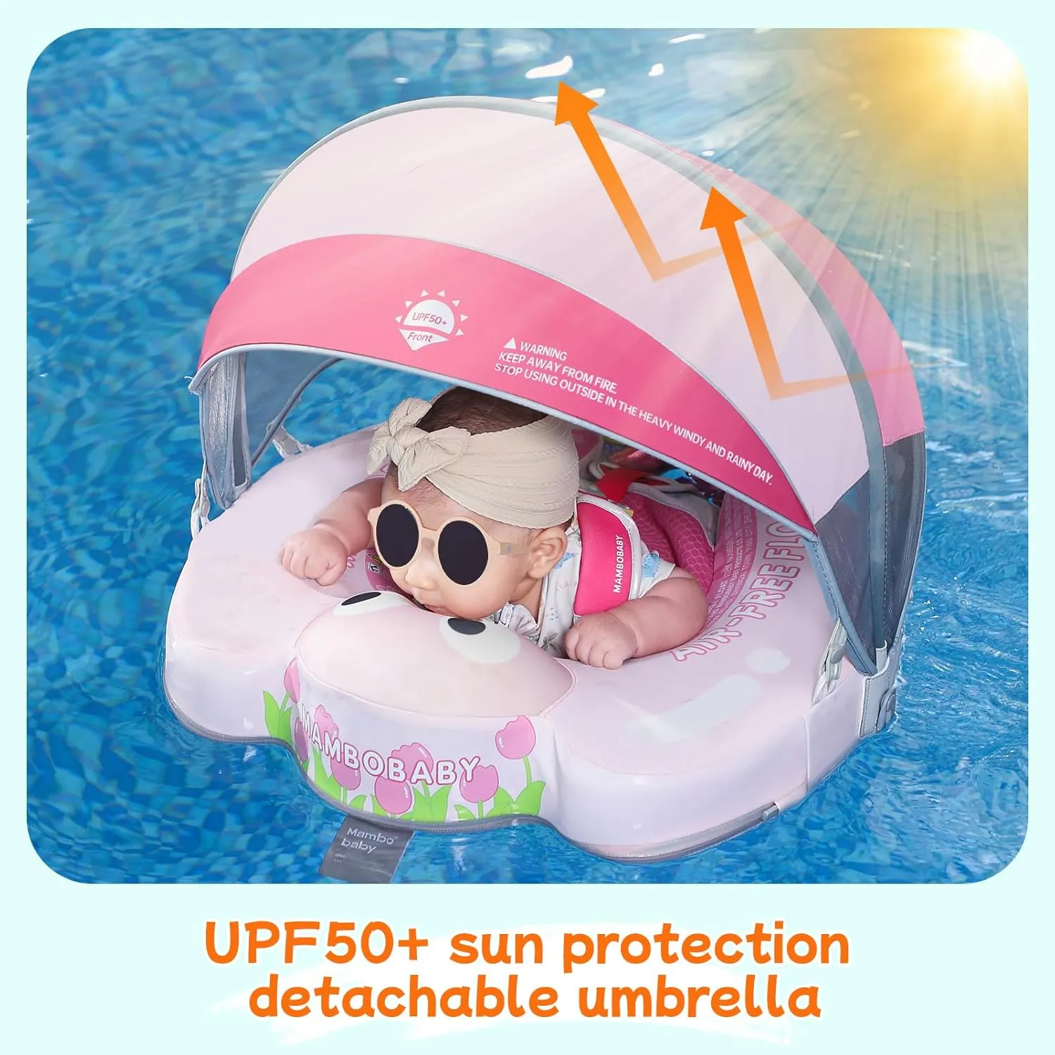 Mambobaby Float with Canopy & Portable Backpack Skin-friendly Baby Swim Float with Tail Waterproof Non-Inflatable Mambo Float Smart Swim Trainer Soft Solid Infant Pool Float 3-24 months Baby Swim Ring