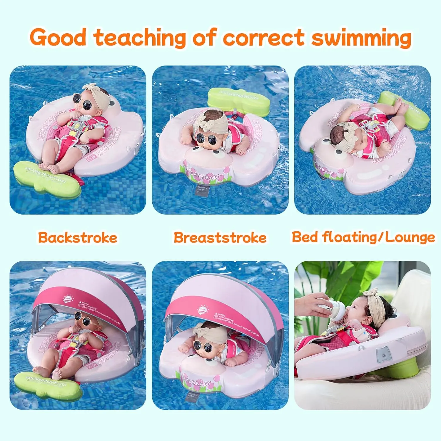 Mambobaby Float with Canopy & Portable Backpack Skin-friendly Baby Swim Float with Tail Waterproof Non-Inflatable Mambo Float Smart Swim Trainer Soft Solid Infant Pool Float 3-24 months Baby Swim Ring